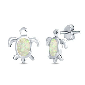 Turtle Stud Earrings Lab Created White Opal 925 Sterling Silver (13mm)